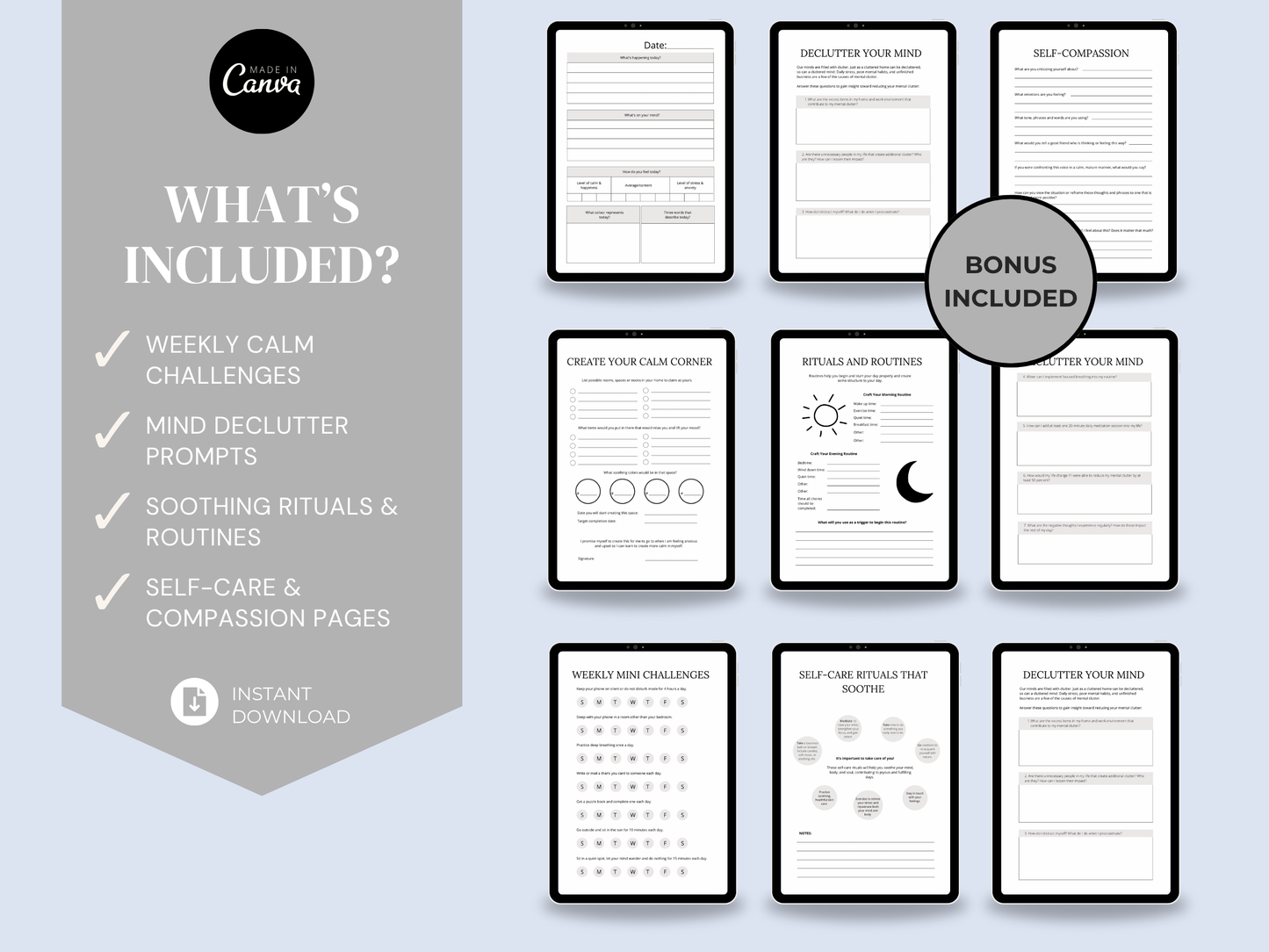 Calming Your Mind Journal – 20 Pages Editable Canva Template + PDF | Digital Mental Wellness & Self-Care Planner