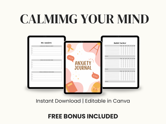 Anxiety Journal – 24 Pages Editable Canva Template + PDF | Mental Clarity & Emotional Wellness Planner