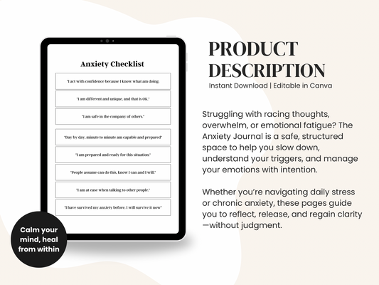 Anxiety Journal – 24 Pages Editable Canva Template + PDF | Mental Clarity & Emotional Wellness Planner