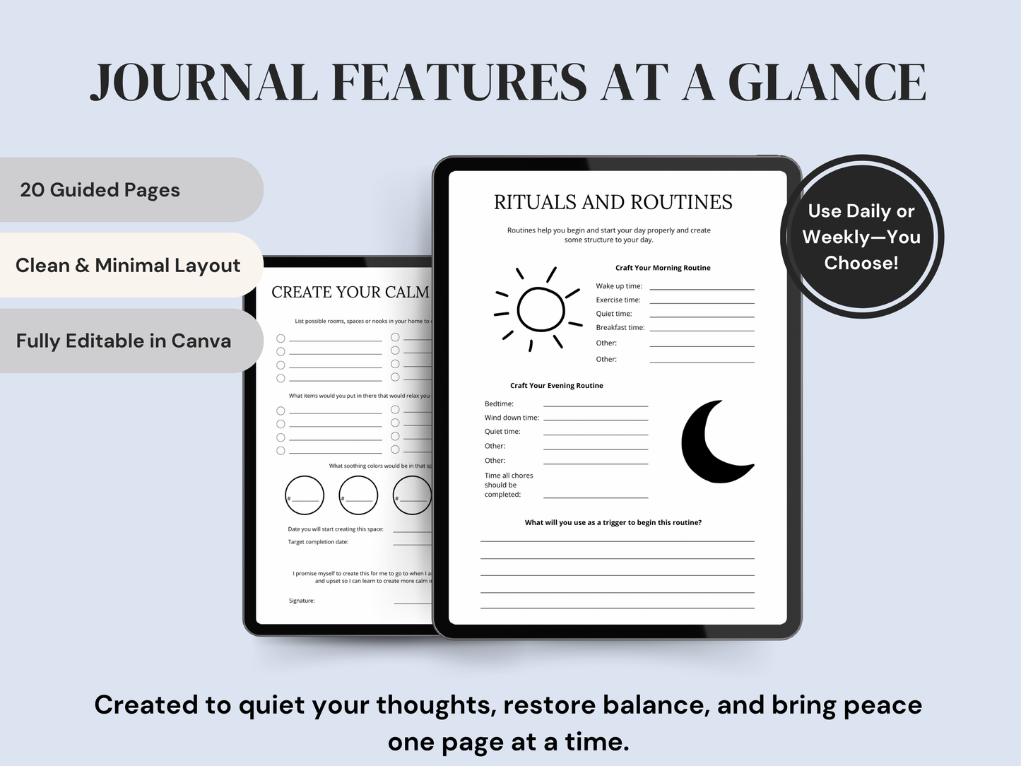 Calming Your Mind Journal – 20 Pages Editable Canva Template + PDF | Digital Mental Wellness & Self-Care Planner