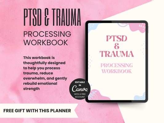 PTSD & Trauma Processing Workbook – 64 Pages Editable Canva Template + PDF | Emotional Healing & Self-Regulation Journal