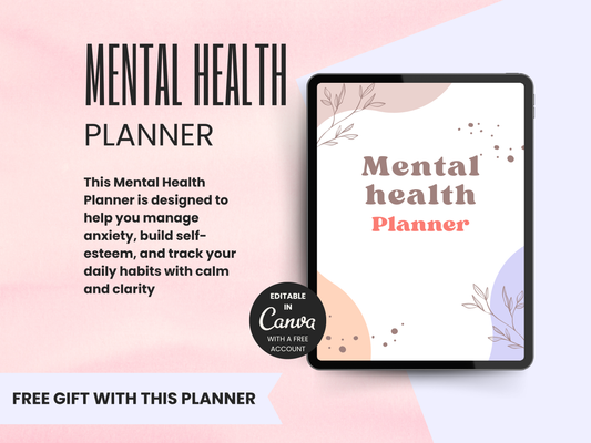 Mental Health Planner – 52 Pages Editable Canva Template + PDF | Digital Self-Care & Wellness Journal