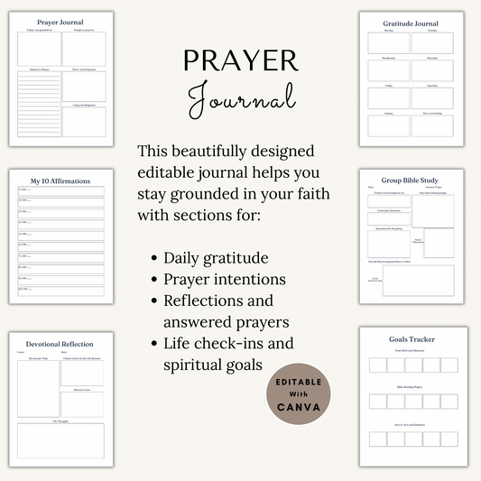 Prayer Journal – 62 Pages Editable Canva Template + PDF | Digital Faith Planner